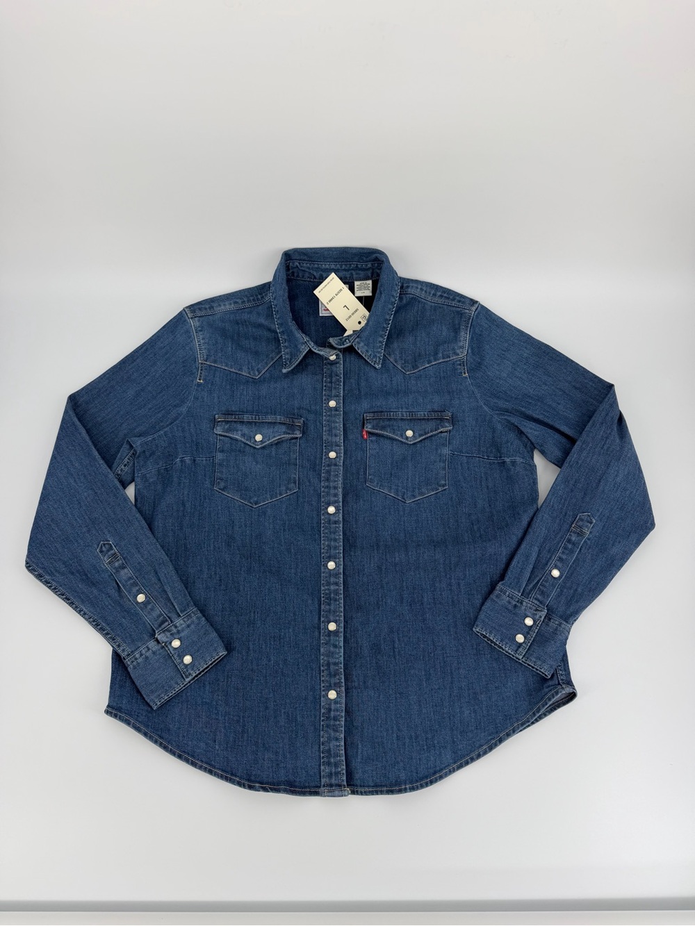 Levi’s Ultimate Western Denim Shirt Womens L Blue Stretch Pearl Snap NWT - Picture 13 of 16